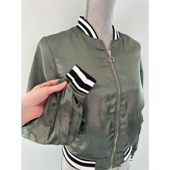 New Look Olive Green Satin Bomber with Striped Ribbed Trim Jacket size Small - Picture 5 of 8